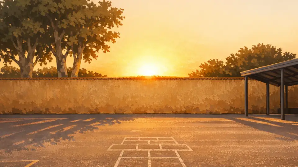 Une cour d’école en fin d’après-midi, le soleil bas derrière le mur.